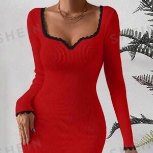 Red Sweater Bodycon Dress Black Scallop Trim